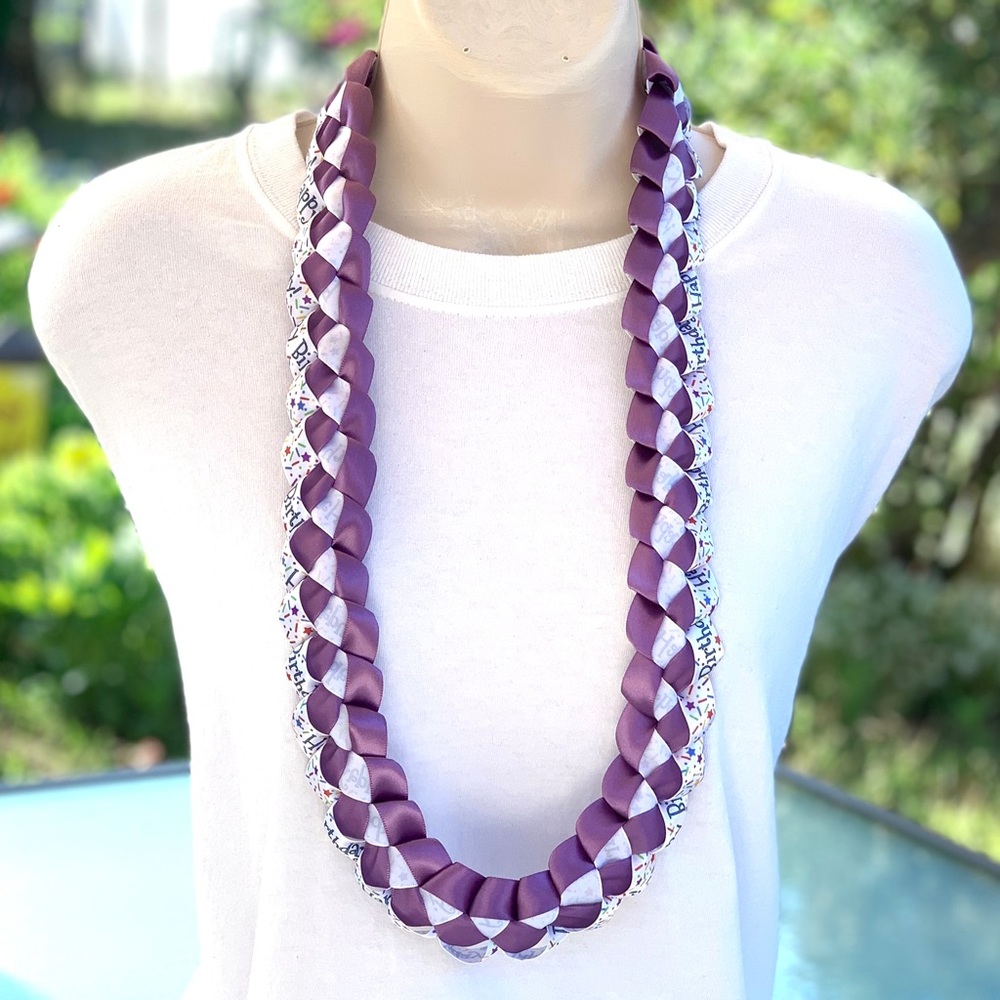 Satin Ribbon Lei Confetti Happy Birthday and Purple Amethyst